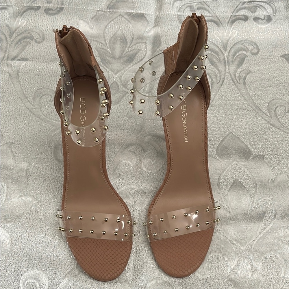 BCBGeneration Tan Heels with Clear Straps